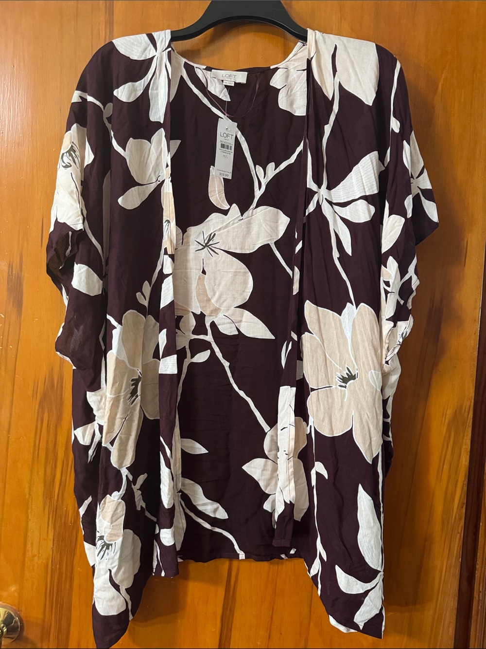 LOFT Maroon and White Floral Open Kimono Top